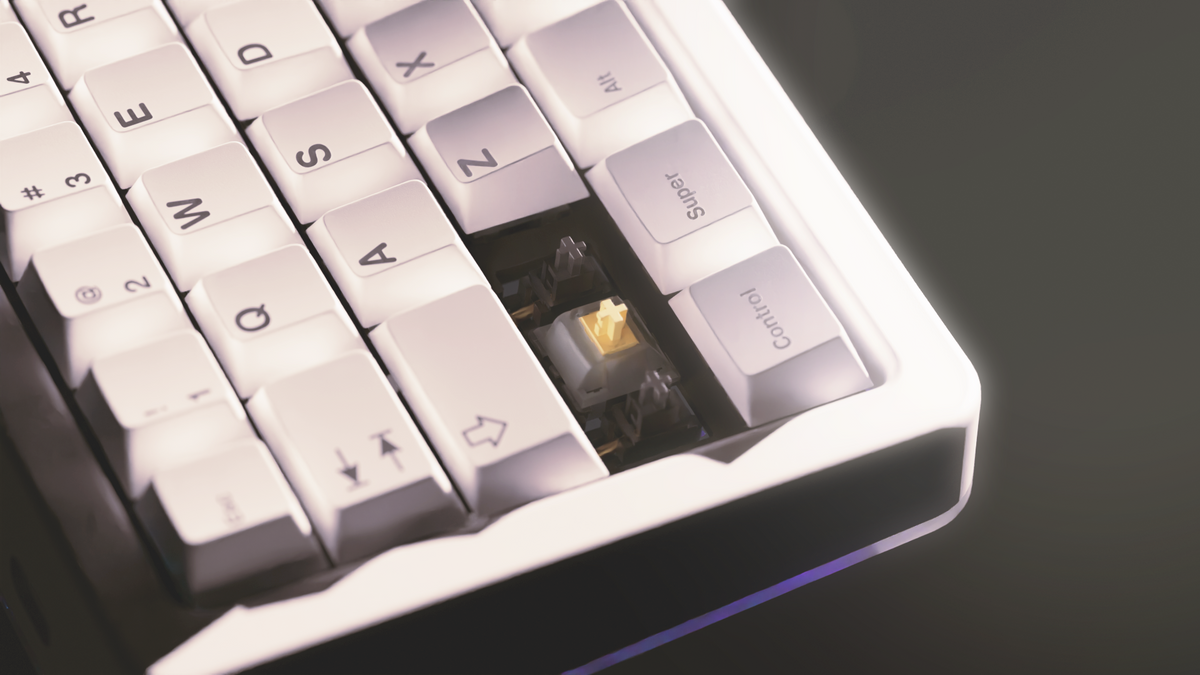 Aurora65 mechanical keyboard close-up showing the switch opening and Durock v2 stabilizer area